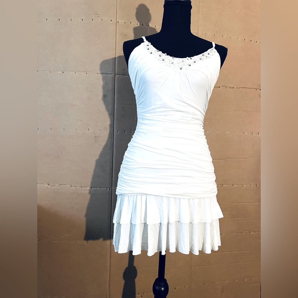BCBGMaxAzria White Ruched Spaghetti Strap Mini Dress